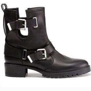 Zara Black Leather Cut Out Double Buckle Strap Moto Ankle Boots - Size 5.5